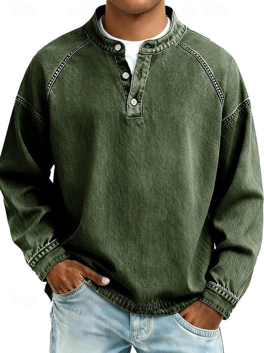 Bluza męska henley z długim rękawem raglanowym i spranym wykończeniem - Ciemnozielony