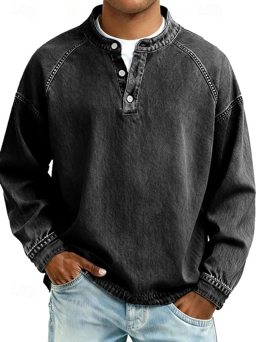 Bluza męska henley z długim rękawem raglanowym i spranym wykończeniem - Czarny