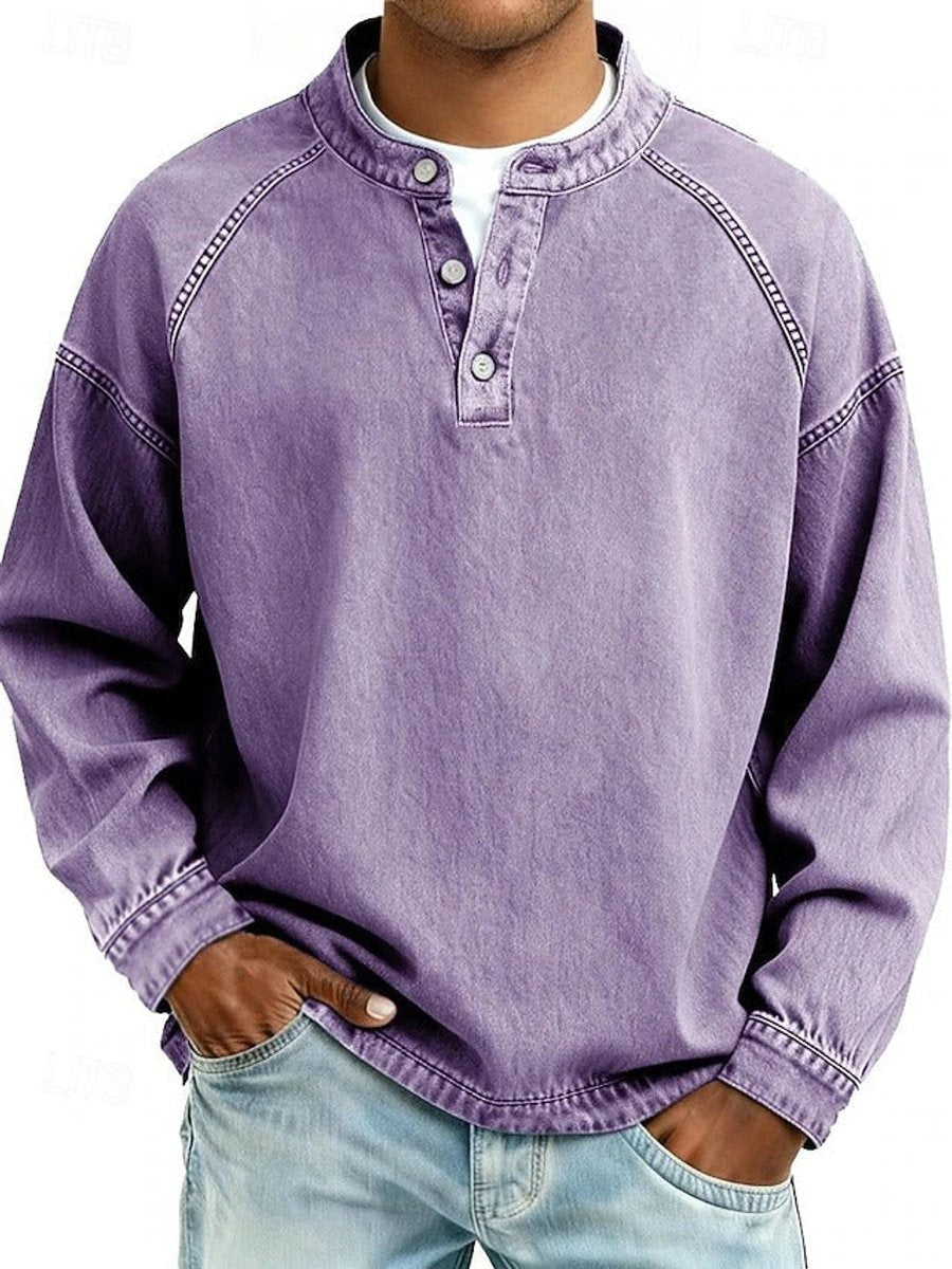 Bluza męska henley z długim rękawem raglanowym i spranym wykończeniem - Fioletowy