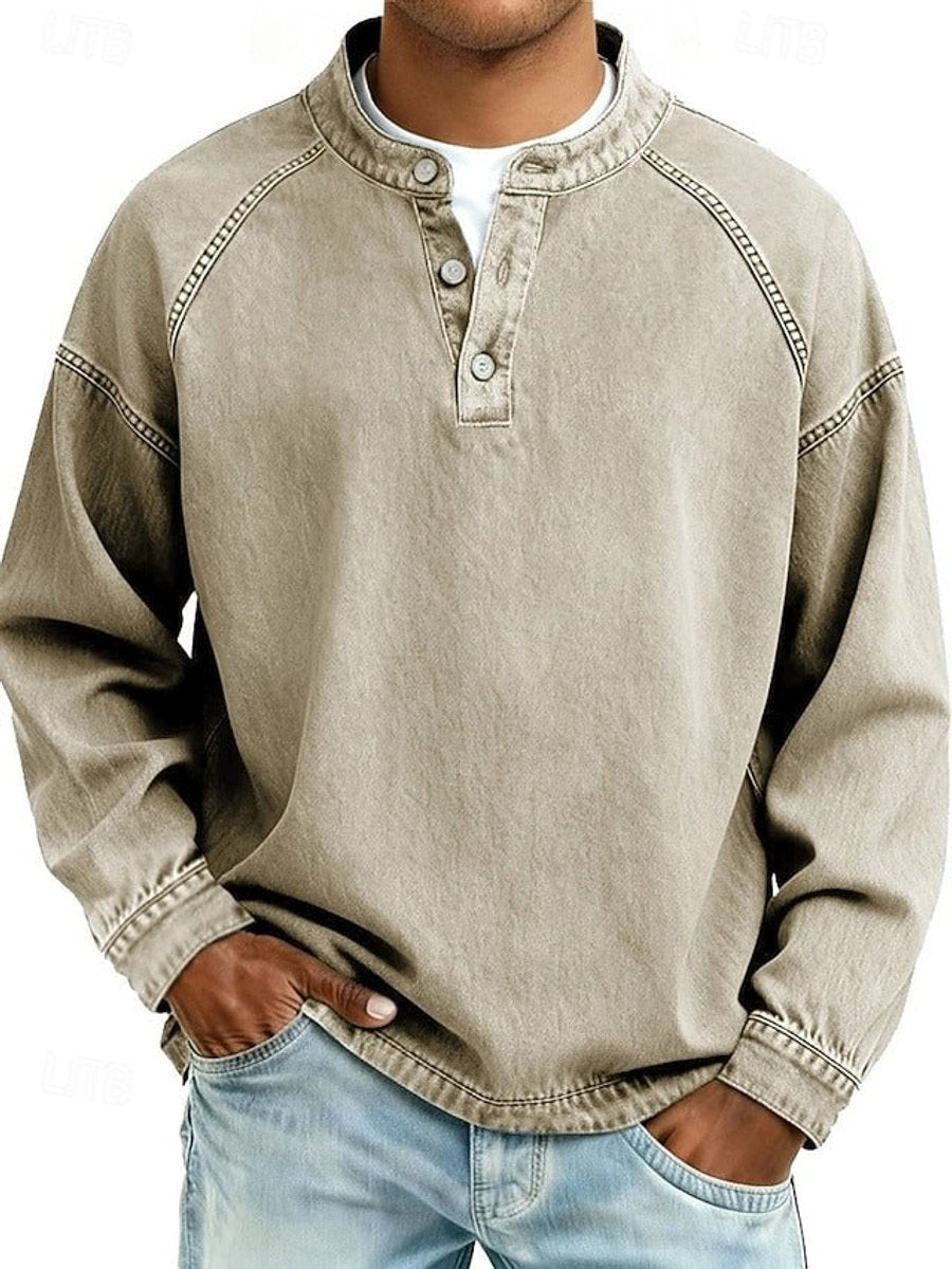 Bluza męska henley z długim rękawem raglanowym i spranym wykończeniem - Khaki