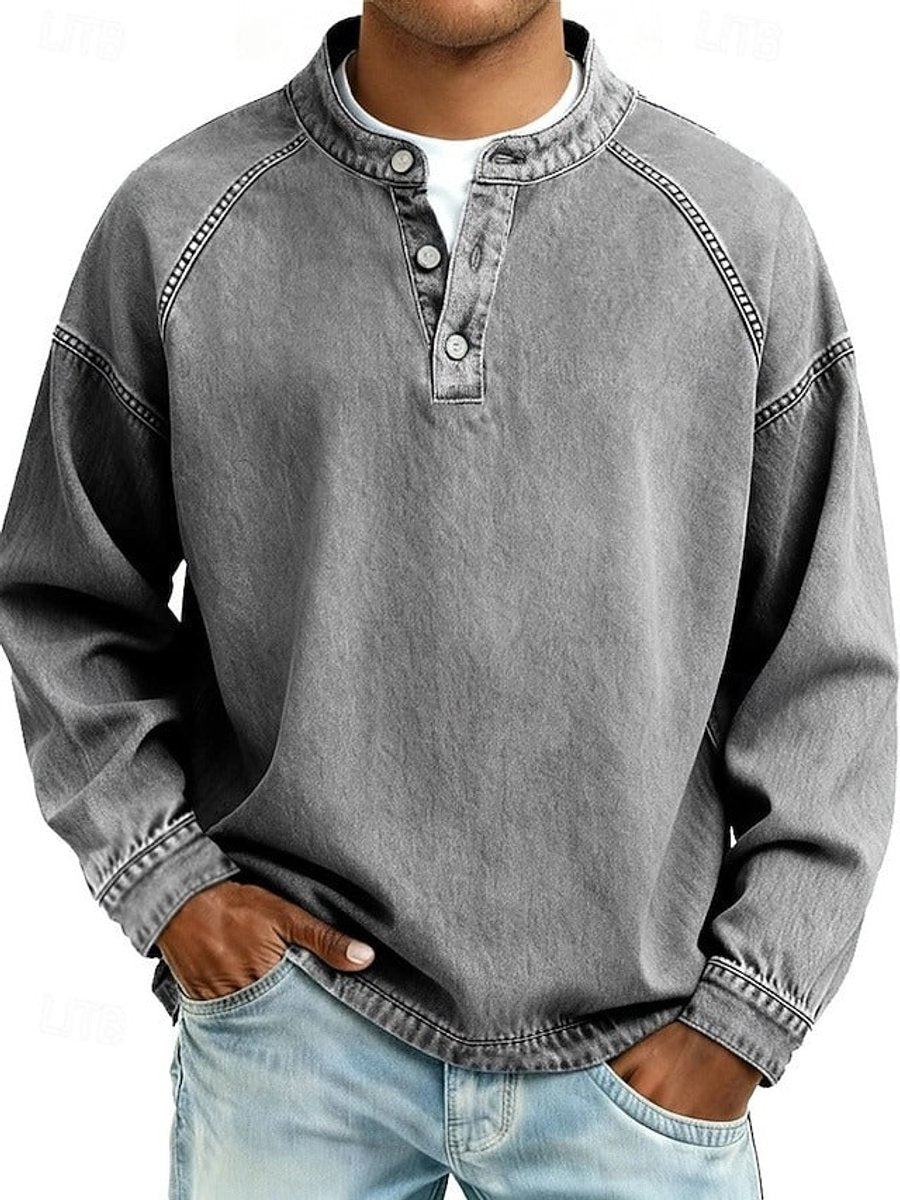 Bluza męska henley z długim rękawem raglanowym i spranym wykończeniem - Szary
