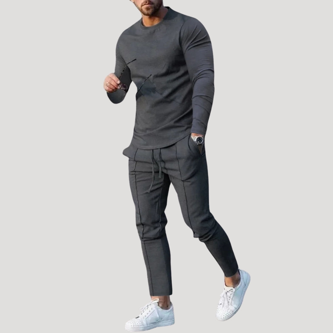 Dres męski komplet slim fit, bluza z długim rękawem bez kaptura i spodnie, na co dzień i na siłownię - Ciemnoszary