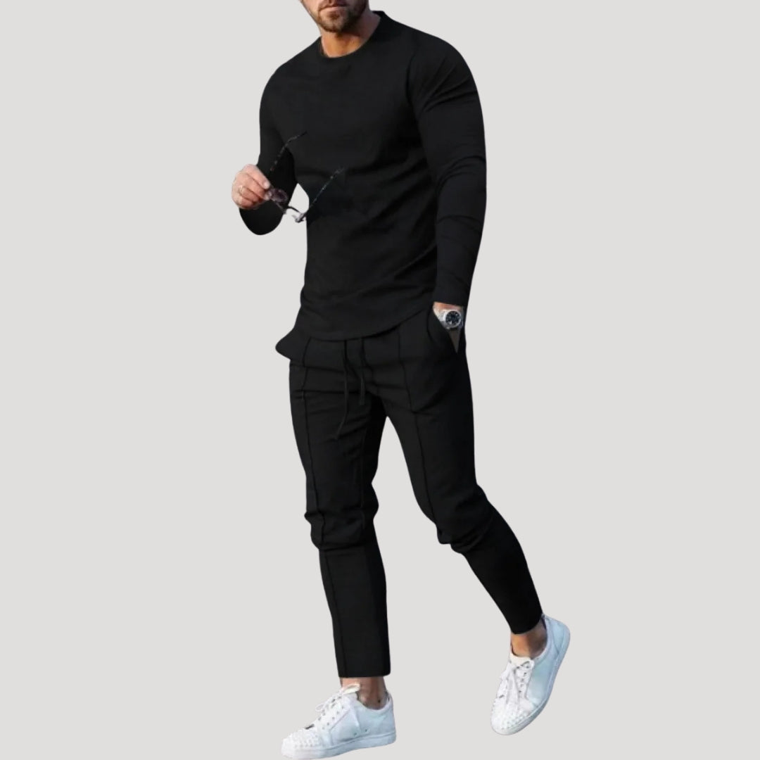 Dres męski komplet slim fit, bluza z długim rękawem bez kaptura i spodnie, na co dzień i na siłownię - Czarny
