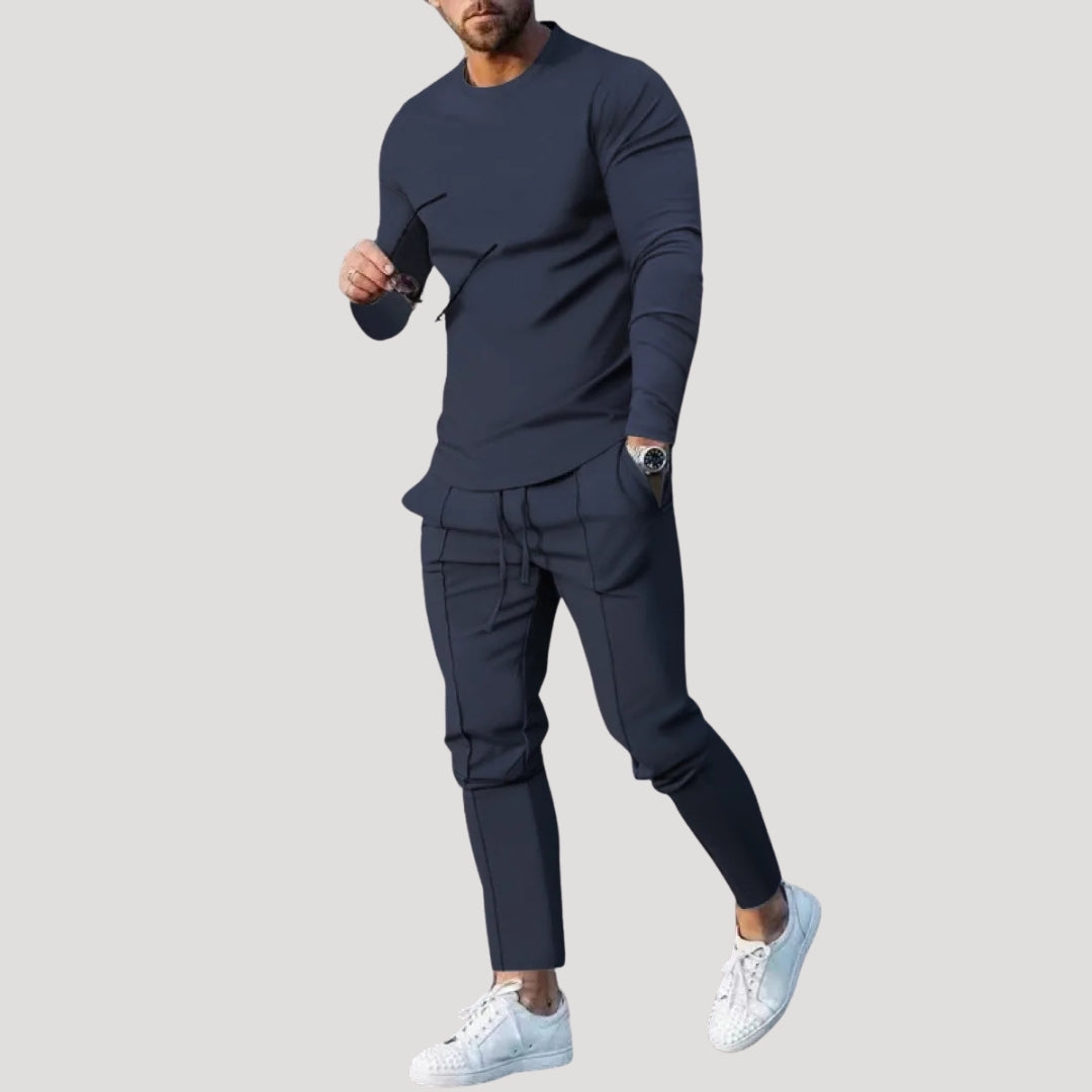 Dres męski komplet slim fit, bluza z długim rękawem bez kaptura i spodnie, na co dzień i na siłownię - Granatowy