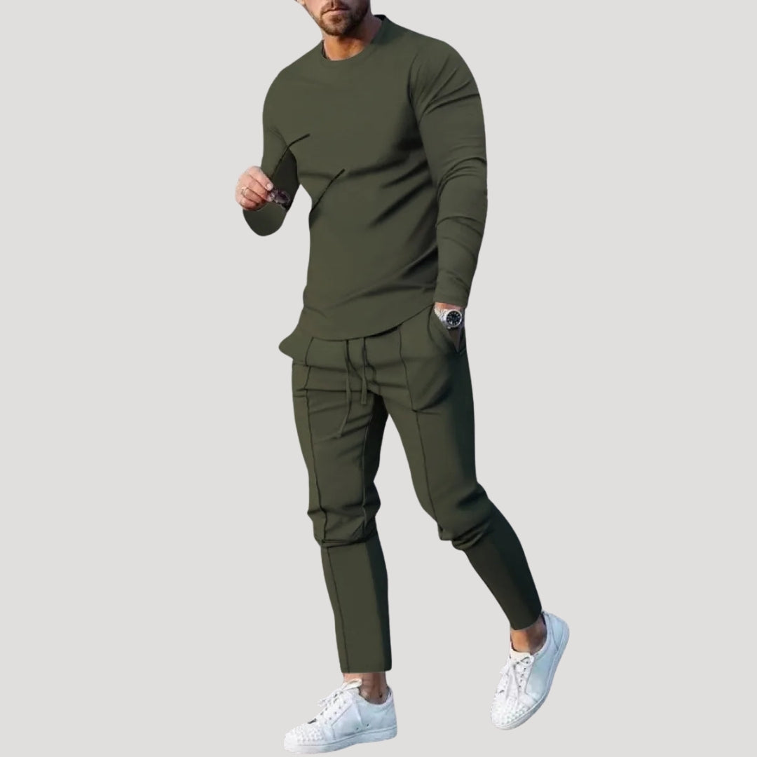 Dres męski komplet slim fit, bluza z długim rękawem bez kaptura i spodnie, na co dzień i na siłownię - Zielony