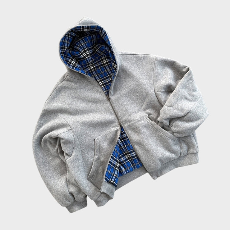 Dwustronna bluza z kapturem oversize na zamek, w kratę, streetwear na co dzień - view 4