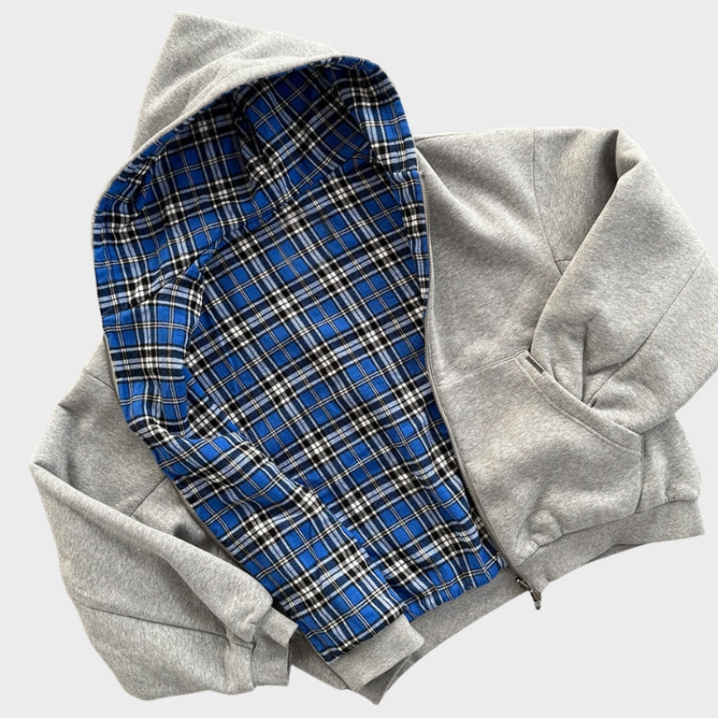 Dwustronna bluza z kapturem oversize na zamek, w kratę, streetwear na co dzień - view 5