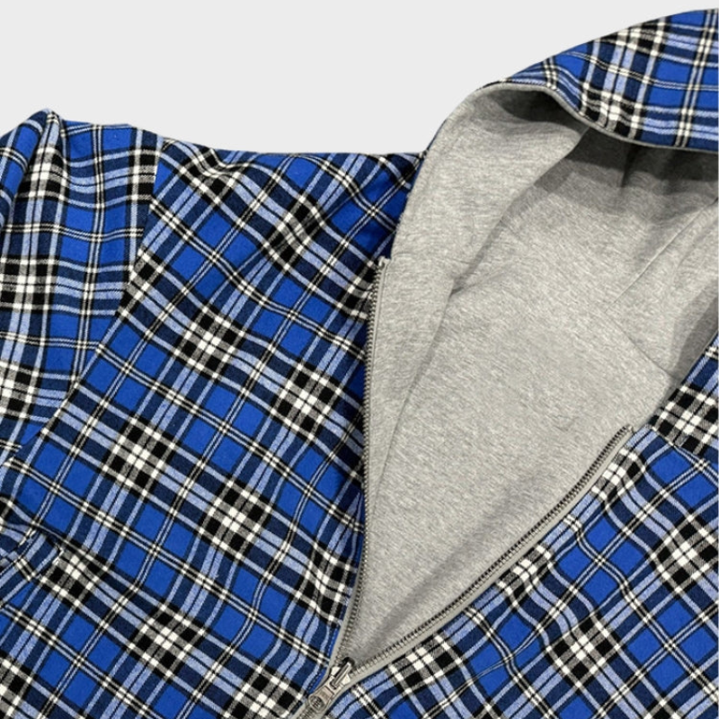 Dwustronna bluza z kapturem oversize na zamek, w kratę, streetwear na co dzień - view 8