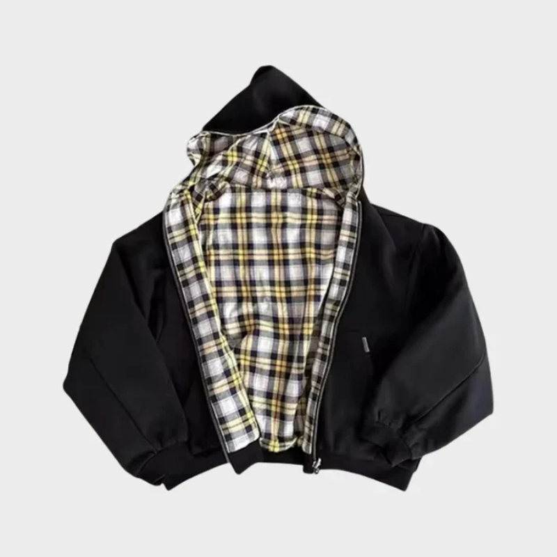 Dwustronna bluza z kapturem oversize na zamek, w kratę, streetwear na co dzień - Czarny