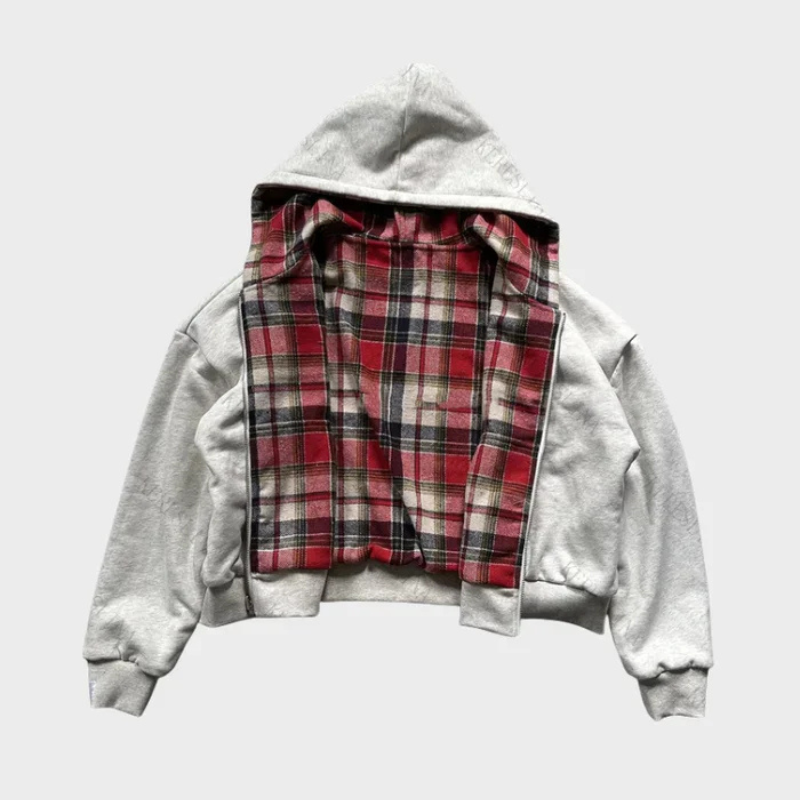 Dwustronna bluza z kapturem oversize na zamek, w kratę, streetwear na co dzień - Czerwony