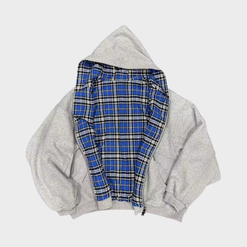 Dwustronna bluza z kapturem oversize na zamek, w kratę, streetwear na co dzień - Szary