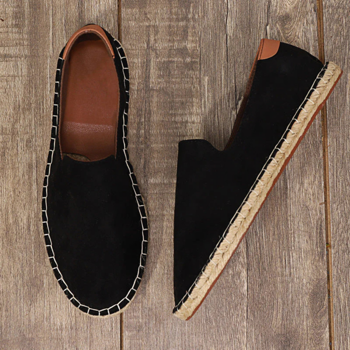Espadryle męskie wsuwane, lekkie buty na lato z plecioną krawędzią - Czarny