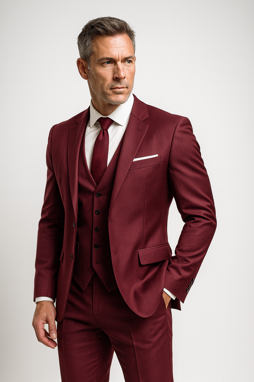 Garnitur męski trzyczęściowy slim fit z kamizelką, na wesele i do biura - Bordowy