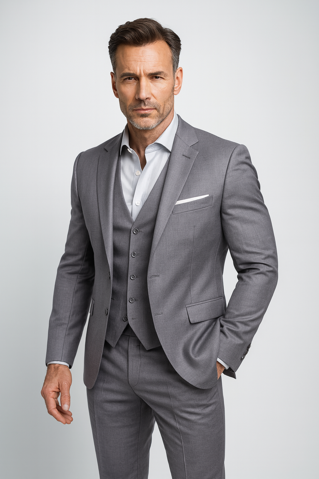 Garnitur męski trzyczęściowy slim fit z kamizelką, na wesele i do biura - Szary