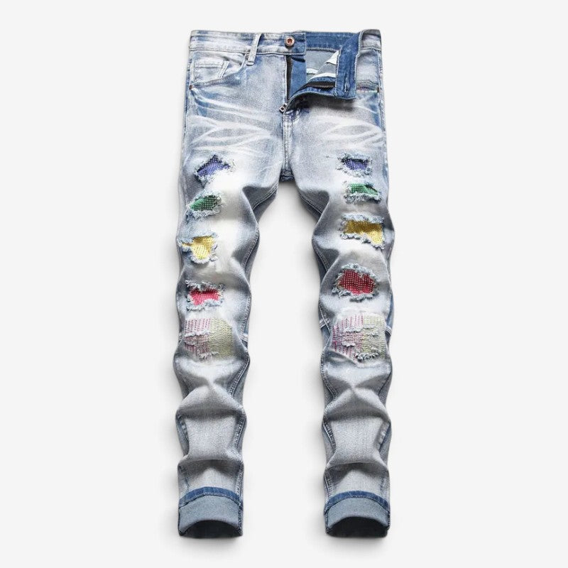 Jeansy męskie slim fit z dziurami i przetarciami - spodnie jeansowe denim - Niebieski