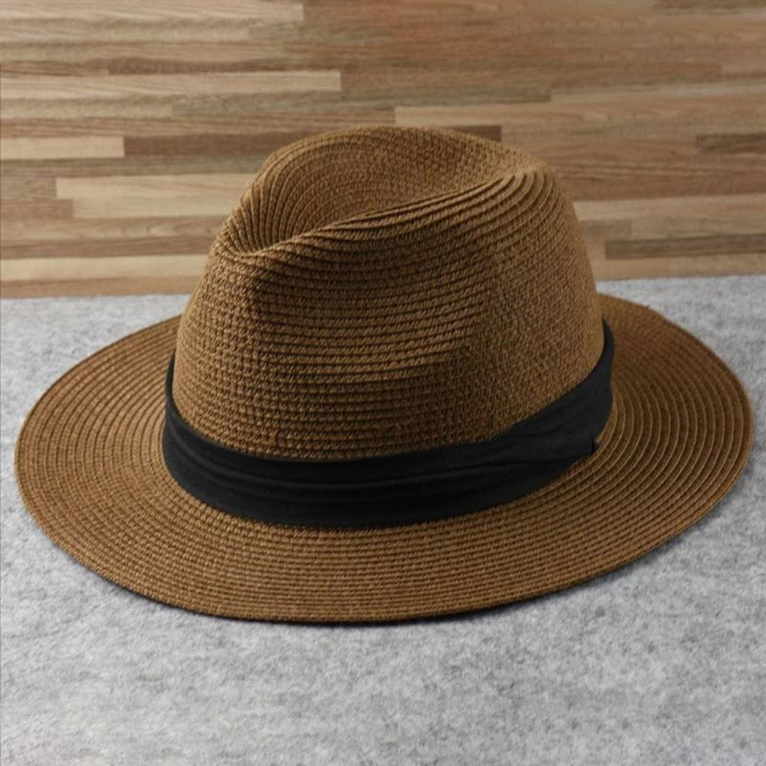 Kapelusz fedora męski z szerokim rondem i kontrastową opaską, na lato i na wakacje - Brązowy