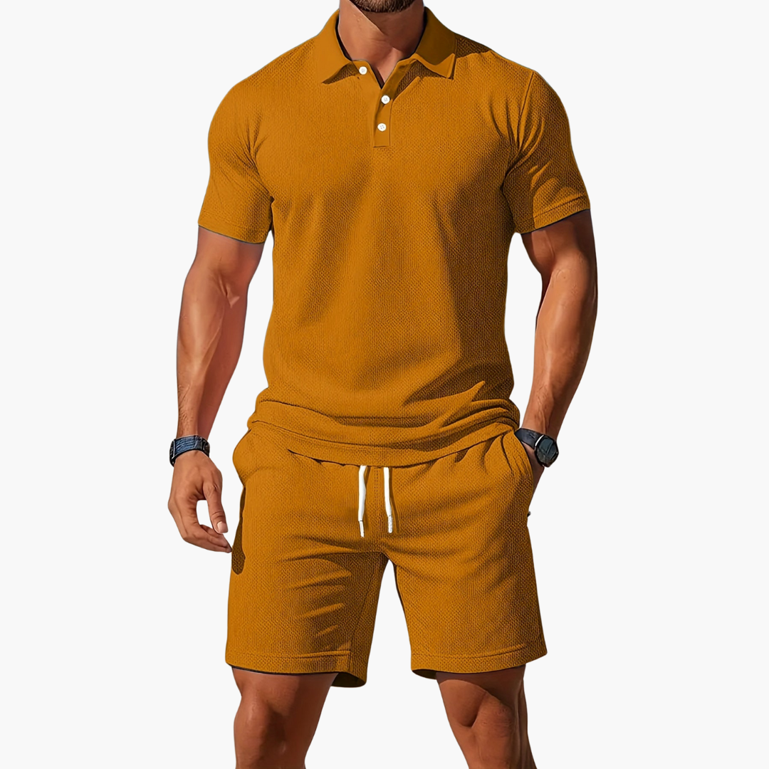 Komplet męski polo i spodenki na lato, sportowy komplet letni na co dzień i na wakacje - Khaki