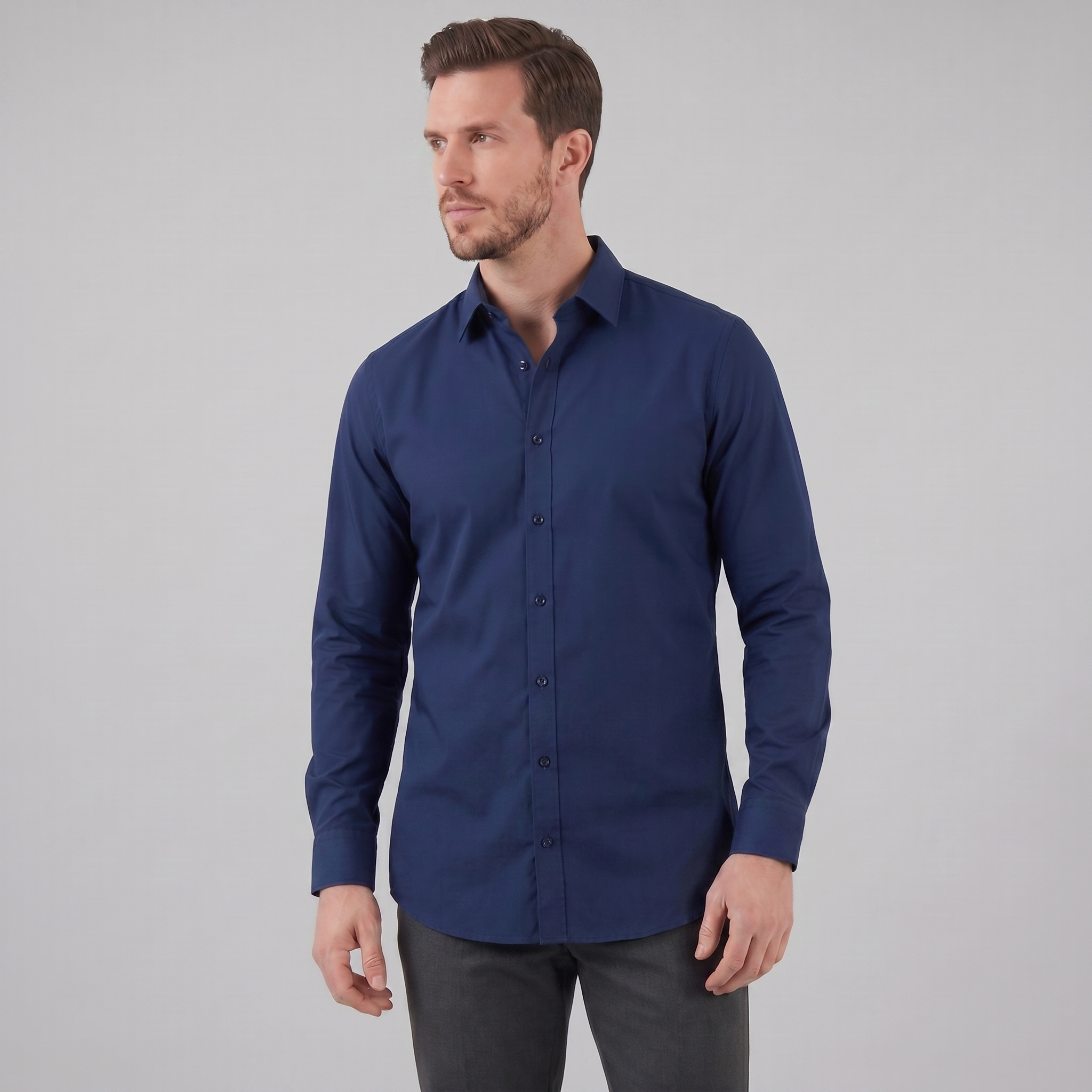 Koszula męska slim fit z długim rękawem, elegancka, do garnituru i na wesele - Granatowy