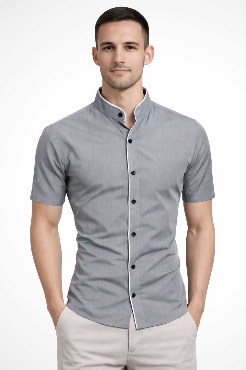 Koszula męska slim fit z krótkim rękawem i stójką - casualowa - Szary