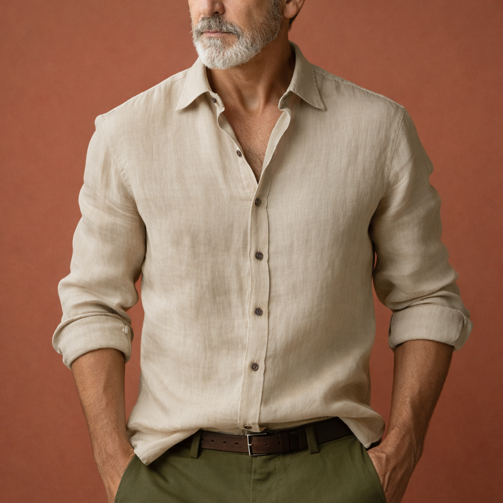 Koszula męska z długim rękawem i kołnierzykiem, luźny krój na lato i na co dzień - Biały