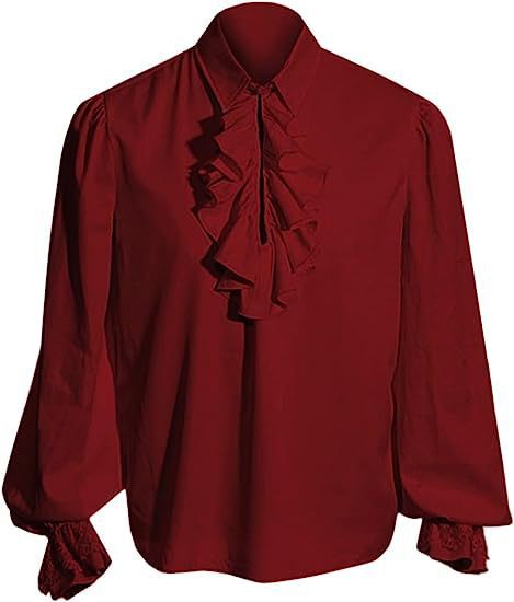 Koszula męska z żabotem i stójką, z długim rękawem i koronkowymi mankietami, elegancka w stylu barokowym, na wesele - Czerwony