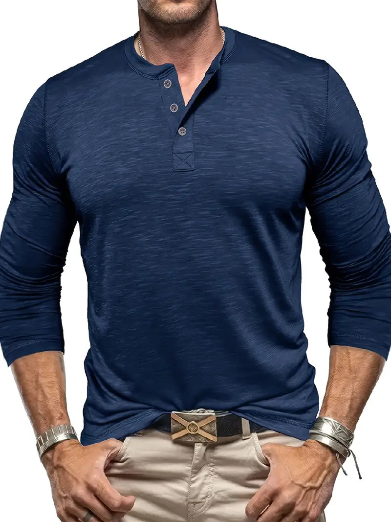 Koszulka henley męska z długim rękawem i guzikami, prosty krój, na co dzień - longsleeve męski - Granatowy