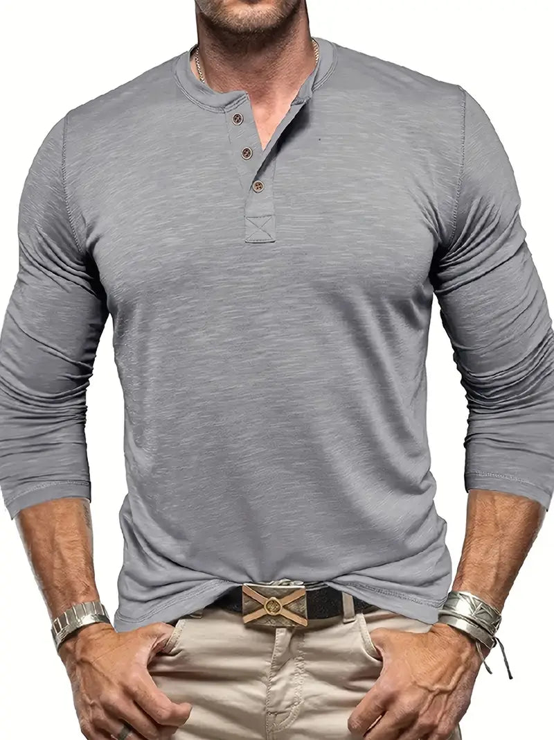 Koszulka henley męska z długim rękawem i guzikami, prosty krój, na co dzień - longsleeve męski - Jasnoszary