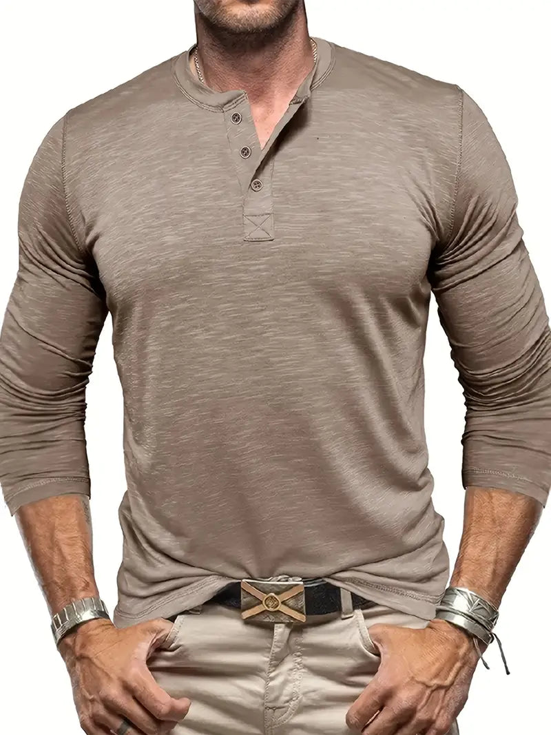 Koszulka henley męska z długim rękawem i guzikami, prosty krój, na co dzień - longsleeve męski - Khaki