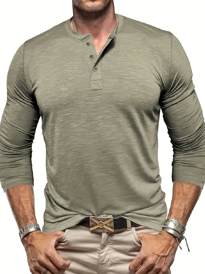 Koszulka henley męska z długim rękawem i guzikami, prosty krój, na co dzień - longsleeve męski - Zielony