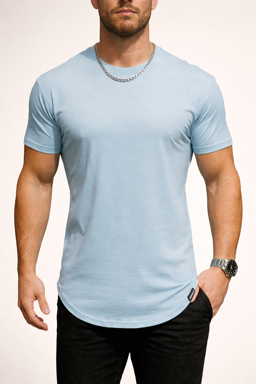 Koszulka męska bawełniana z krótkim rękawem, slim fit i gładka - t-shirt basic na co dzień i na lato - Jasnoniebieski