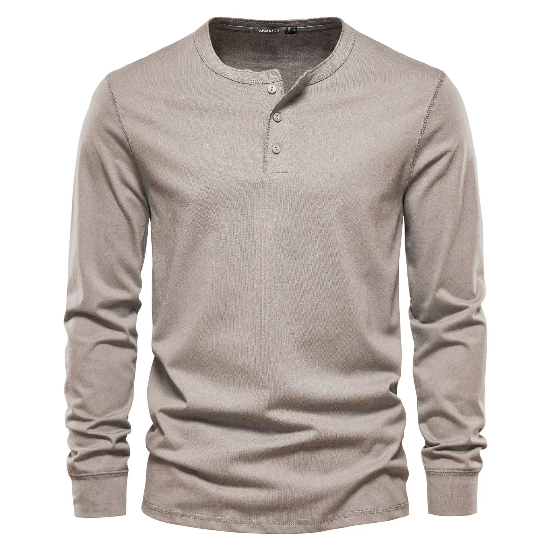 Koszulka męska henley z długim rękawem, okrągły dekolt i guziki, regular fit - Beżowy