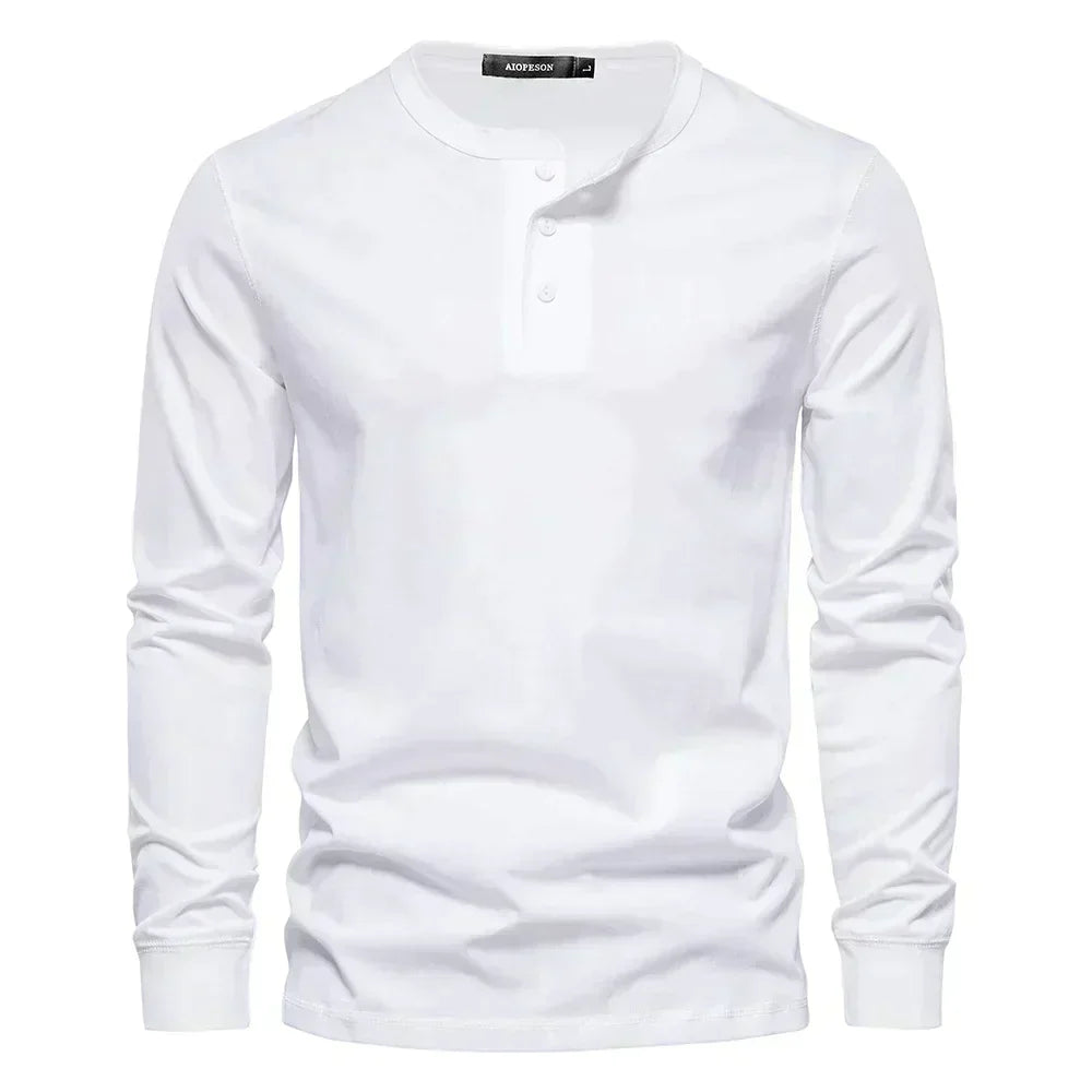 Koszulka męska henley z długim rękawem, okrągły dekolt i guziki, regular fit - Biały