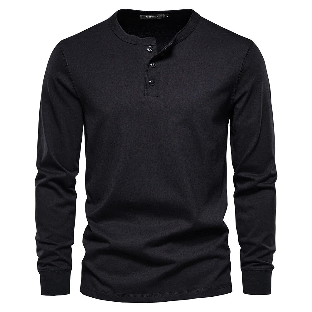 Koszulka męska henley z długim rękawem, okrągły dekolt i guziki, regular fit - Czarny