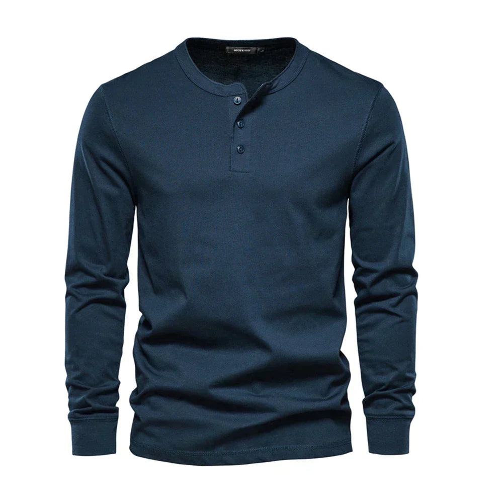 Koszulka męska henley z długim rękawem, okrągły dekolt i guziki, regular fit - Granatowy