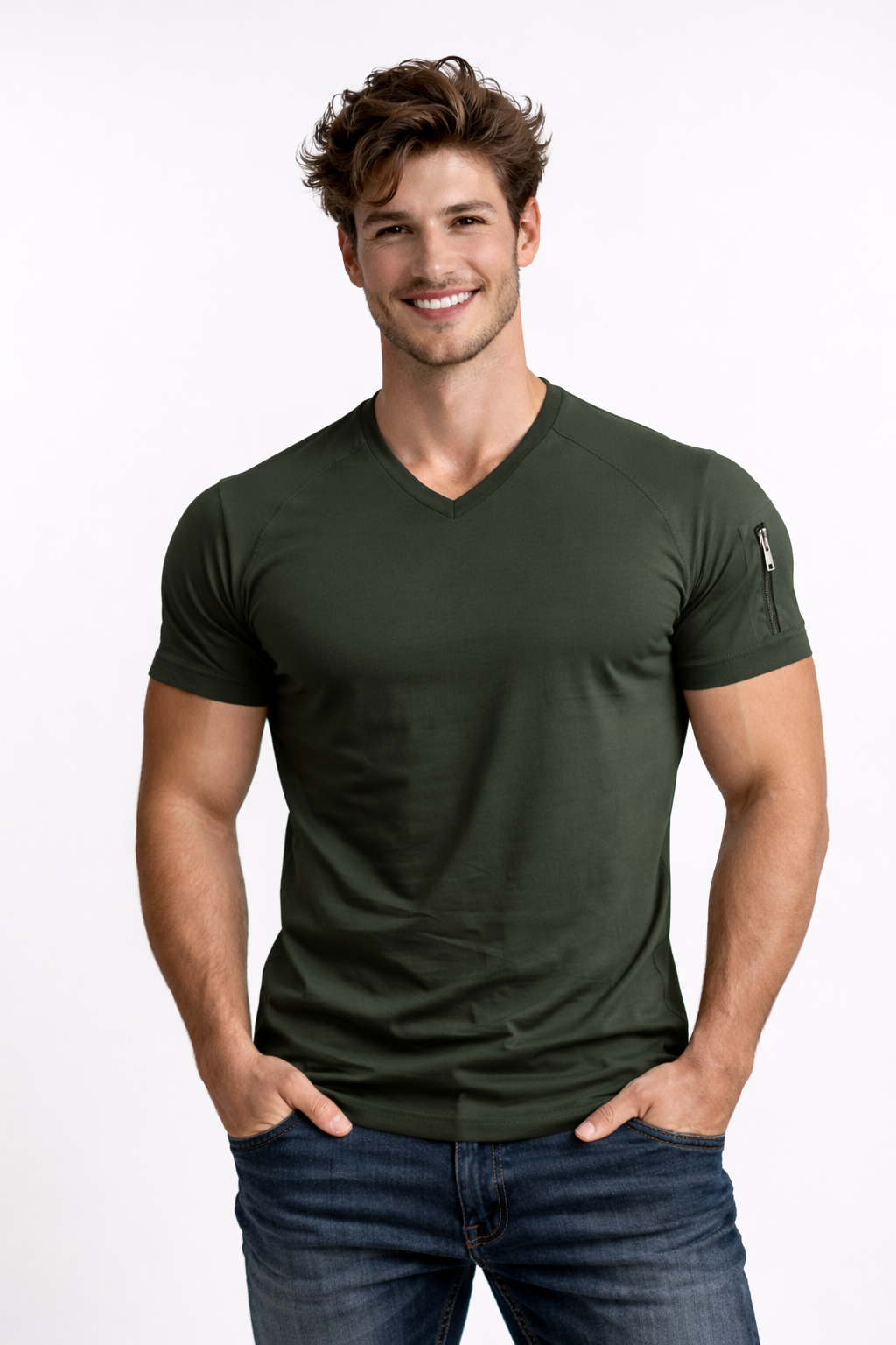 Koszulka męska w serek z krótkim rękawem, t-shirt na lato i na co dzień - ciemnoszary