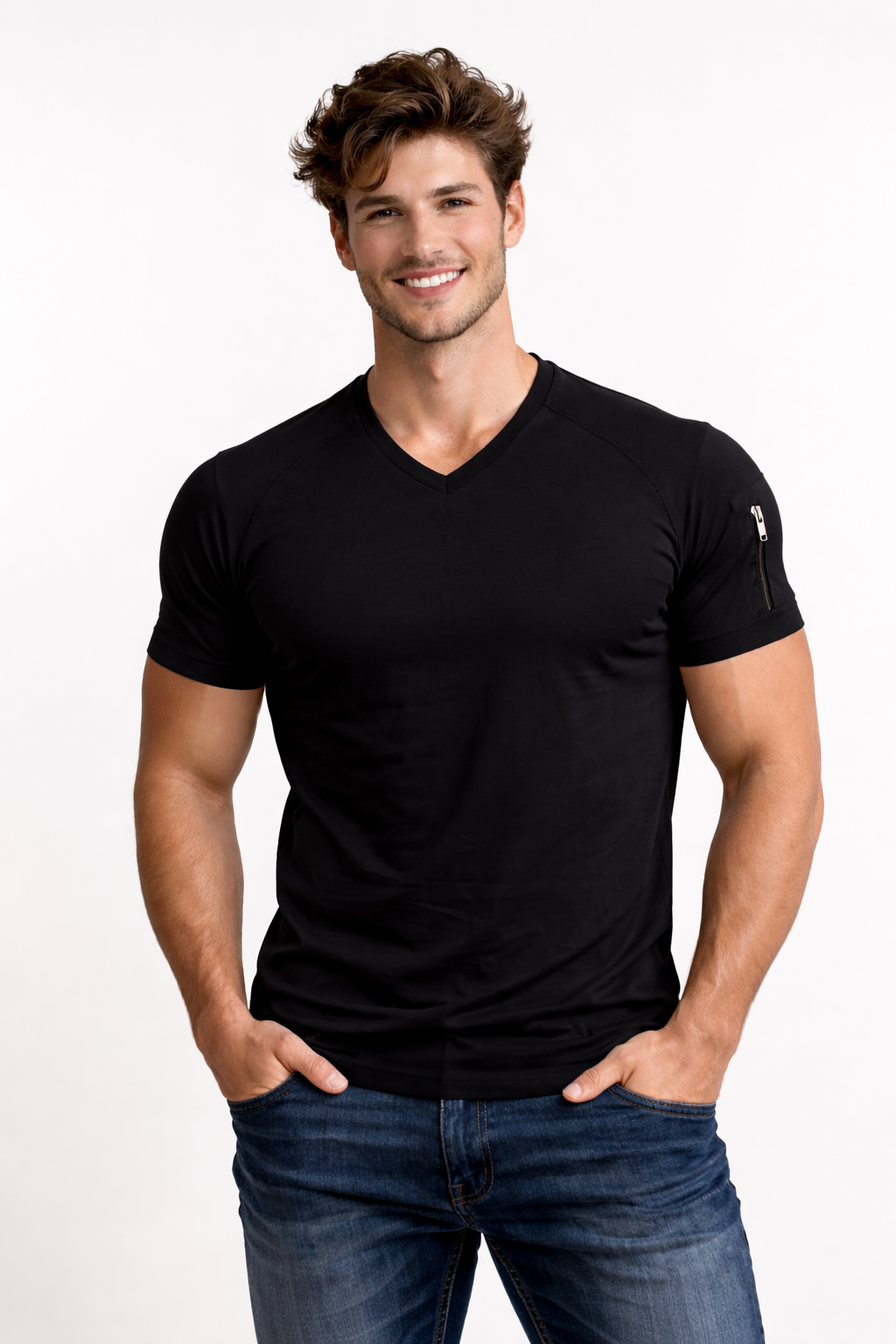 Koszulka męska w serek z krótkim rękawem, t-shirt na lato i na co dzień - czarny