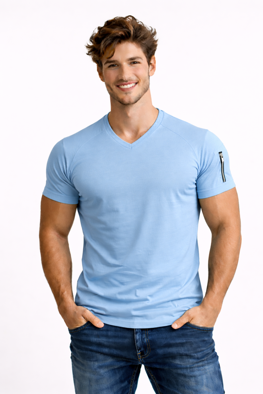 Koszulka męska w serek z krótkim rękawem, t-shirt na lato i na co dzień - niebieski
