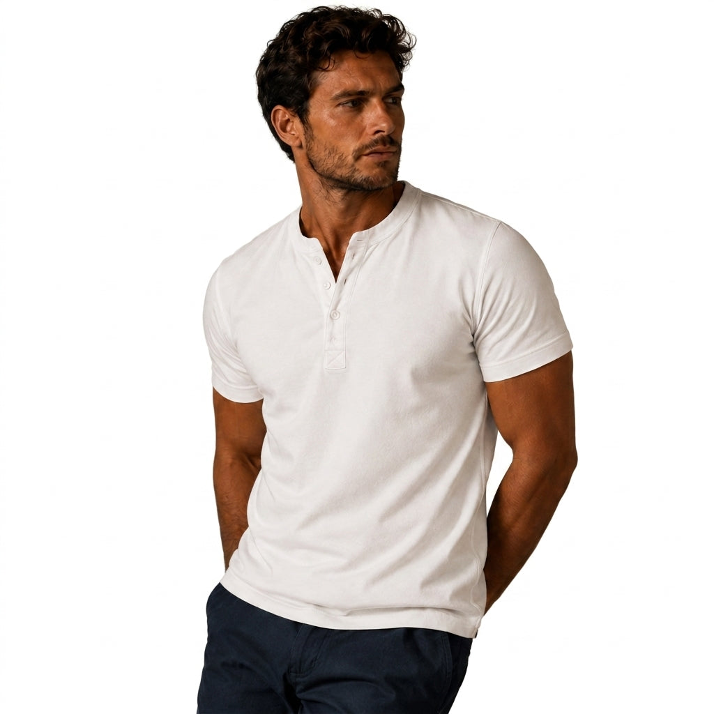 Koszulka męska z krótkim rękawem, z guzikami przy dekolcie, na co dzień - t-shirt basic - view 9