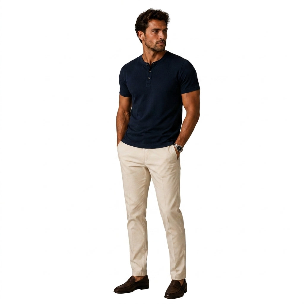 Koszulka męska z krótkim rękawem, z guzikami przy dekolcie, na co dzień - t-shirt basic - Granatowy
