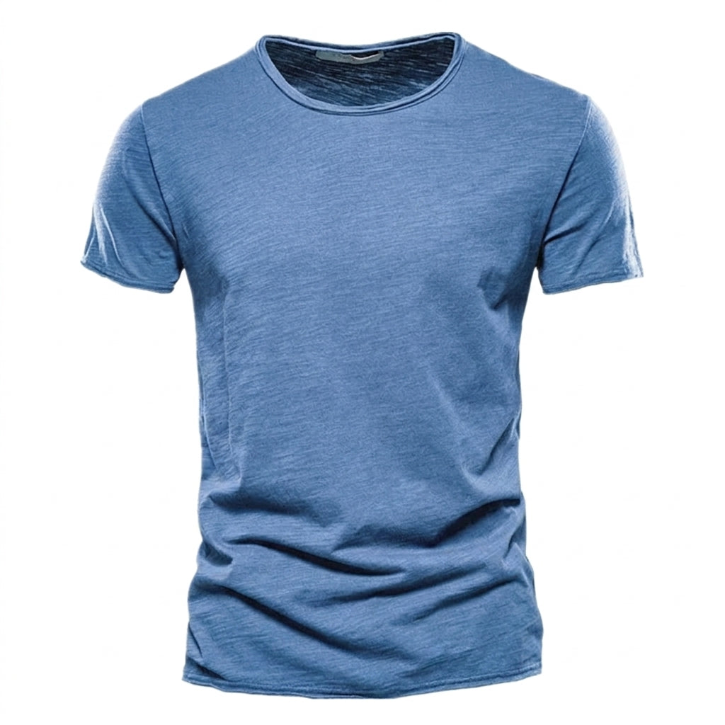 Koszulka męska z okrągłym dekoltem i krótkim rękawem, na lato - t-shirt basic - Niebieski denim