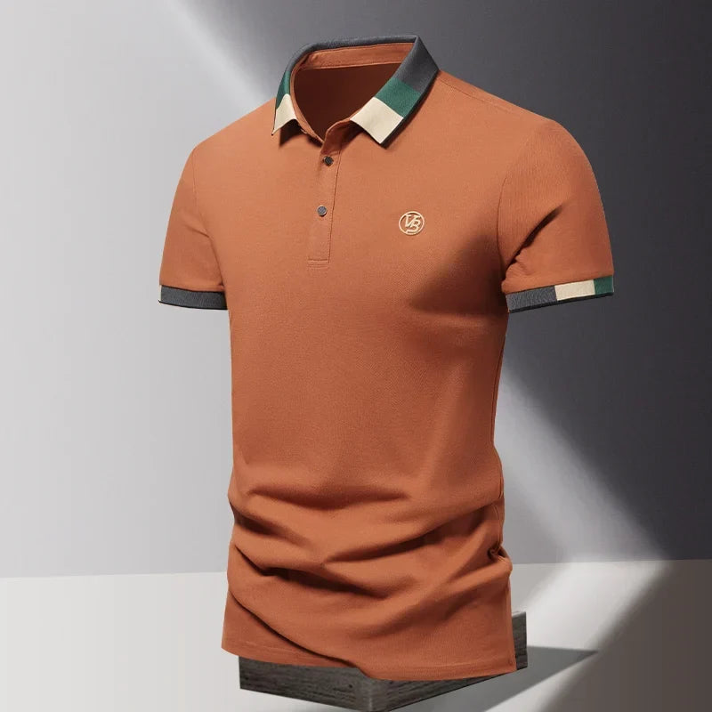Koszulka polo męska z krótkim rękawem, elegancka slim fit z kołnierzykiem - Pomarańczowy