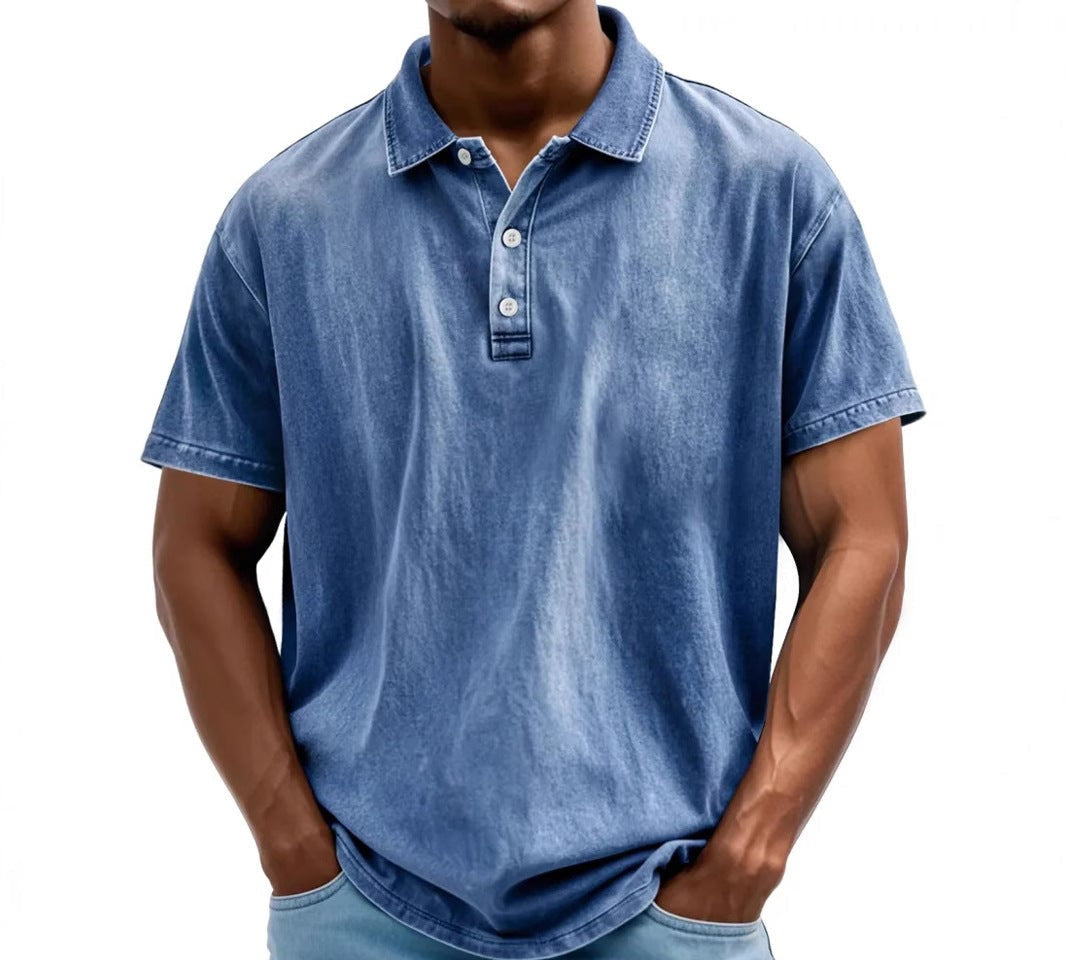 Koszulka polo męska z krótkim rękawem w stylu vintage, luźny krój na co dzień - Błękit królewski
