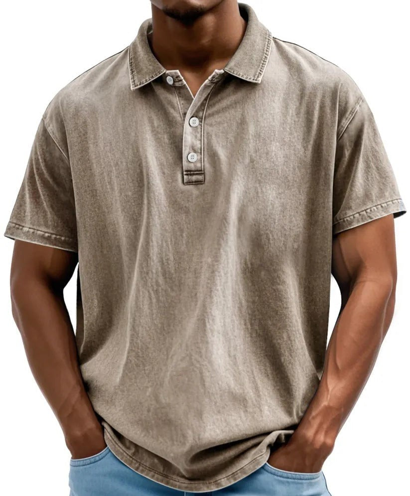 Koszulka polo męska z krótkim rękawem w stylu vintage, luźny krój na co dzień - Khaki