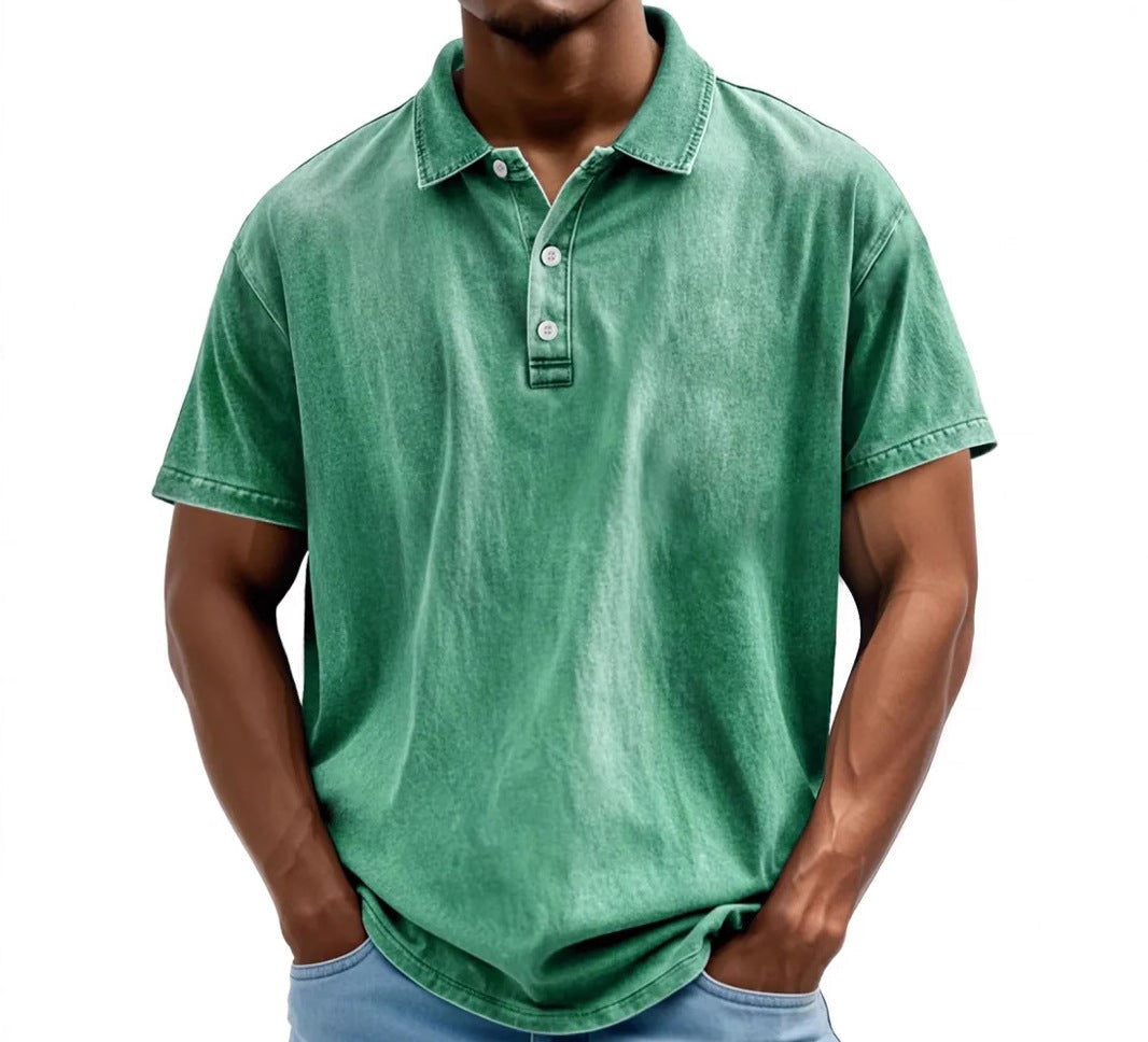 Koszulka polo męska z krótkim rękawem w stylu vintage, luźny krój na co dzień - Zielony