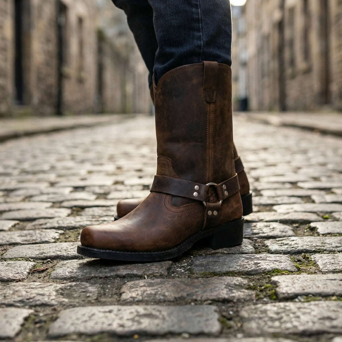Kowbojki męskie skórzane w stylu vintage z klamrą harness, na co dzień i do jeansów - view 4