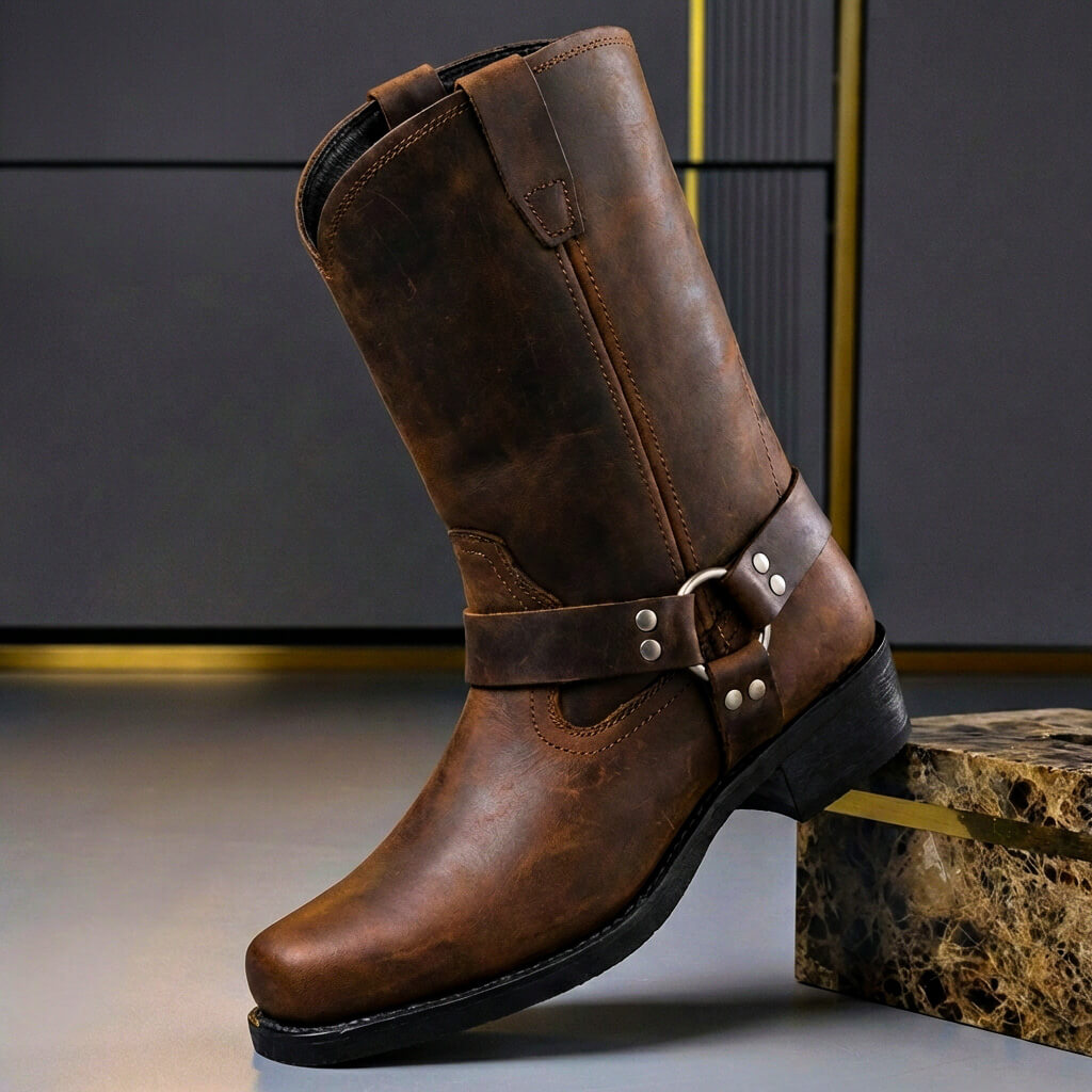 Kowbojki męskie skórzane w stylu vintage z klamrą harness, na co dzień i do jeansów - view 5