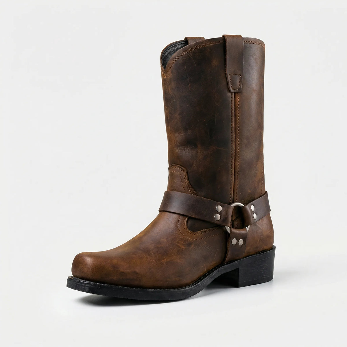 Kowbojki męskie skórzane w stylu vintage z klamrą harness, na co dzień i do jeansów - Koniakowy Brąz