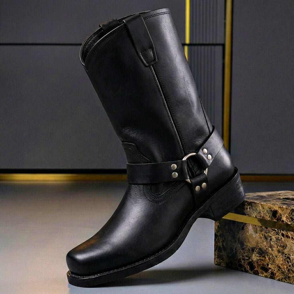 Kowbojki męskie skórzane w stylu vintage z klamrą harness, na co dzień i do jeansów - Obsydianowa Czerń