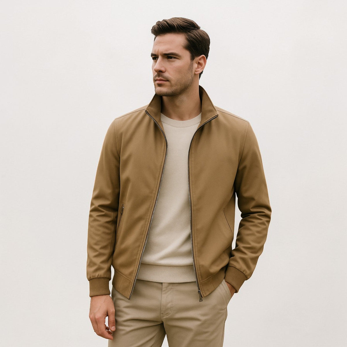 Kurtka męska przejściowa, lekka wiatrówka ze stójką na wiosnę i lato - z zamkiem, regular fit - Khaki