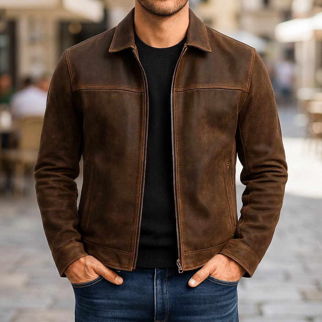 Kurtka skórzana męska na jesień z zamkiem, casualowa i smart casual do miasta – Brazowy